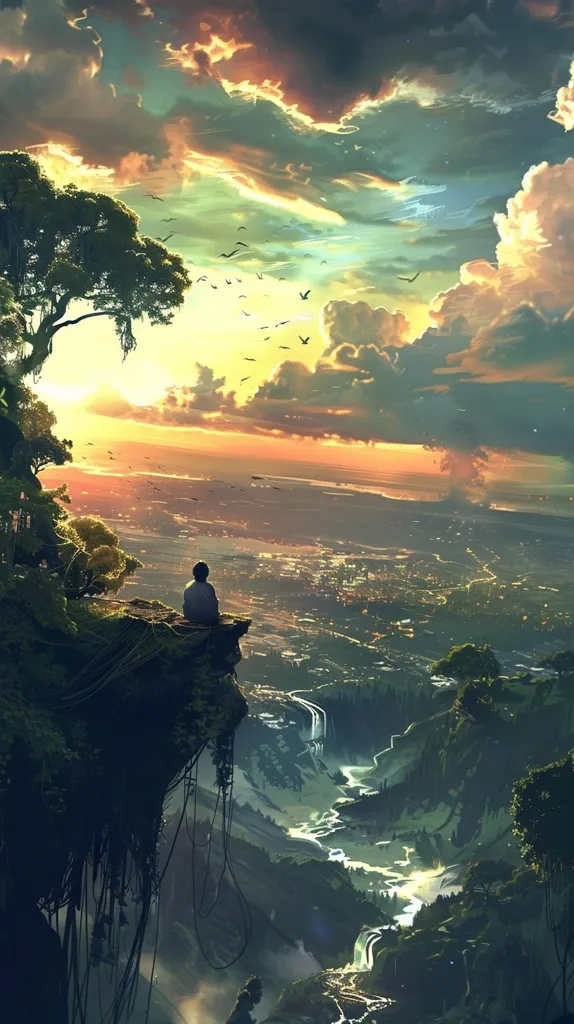 A solitary figure sits on a cliff overlooking a vast valley. The valley is filled with lush greenery, waterfalls, and a meandering river. The sky is ablaze with the colors of a vibrant sunset, with clouds casting long shadows across the landscape. The image captures a sense of serenity and wonder, as the lone observer contemplates the beauty of the world around them.