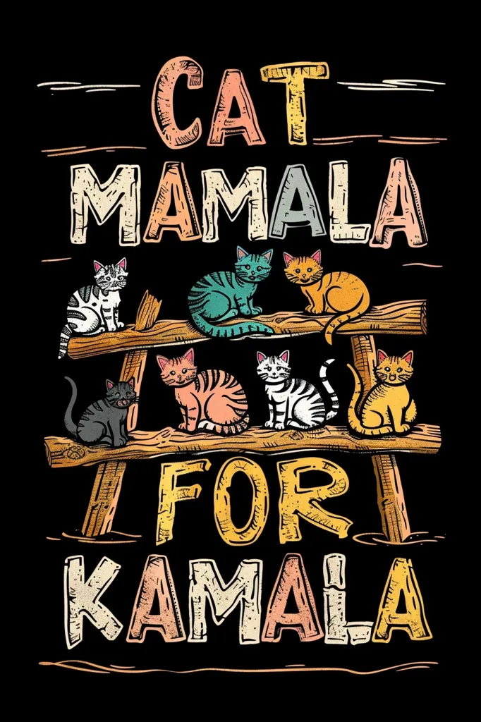 The image is a political statement supporting Kamala Harris. It features the words "Cat Mamala for Kamala" in colorful, retro lettering. Seven cartoon cats of different colors sit on a wooden platform, each looking forward. The design is whimsical and playful, referencing the popular phrase "Mama Bear".  The image is likely intended for a T-shirt or other merchandise.