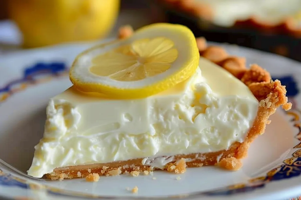 A slice of lemon cheesecake sits on a white plate with a decorative blue border. The cheesecake is topped with a slice of lemon, and the crust is golden brown. The cheesecake is smooth and creamy, and the lemon adds a bright, tart flavor.  The image is bright and inviting, and it makes you want to take a bite.