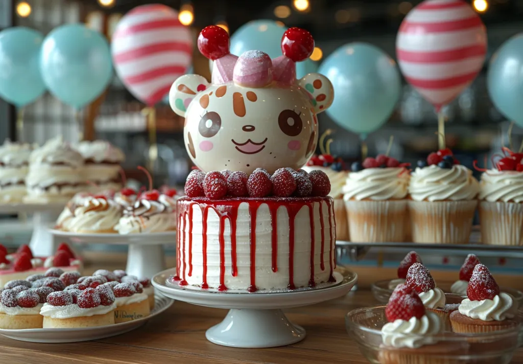 A white cake topped with raspberries and a red glaze sits on a cake stand. It is decorated with a cute animal figurine. Other cakes and cupcakes surround it on a table with balloons in the background. The scene is a celebration of a birthday or special occasion.