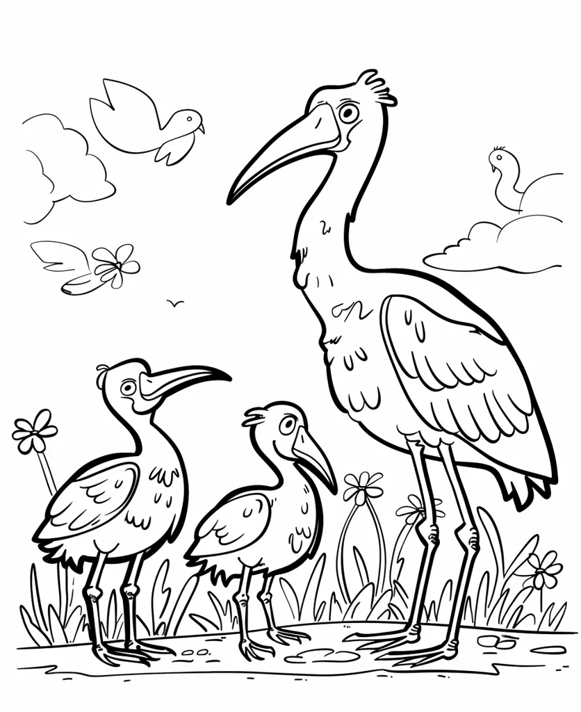 A black and white line drawing of a family of three birds standing in a grassy field. The mother bird is tall and has a long neck. Her two chicks are smaller, but they have the same distinctive long beaks.  A small bird flies overhead and there are clouds in the background. The image is perfect for coloring.