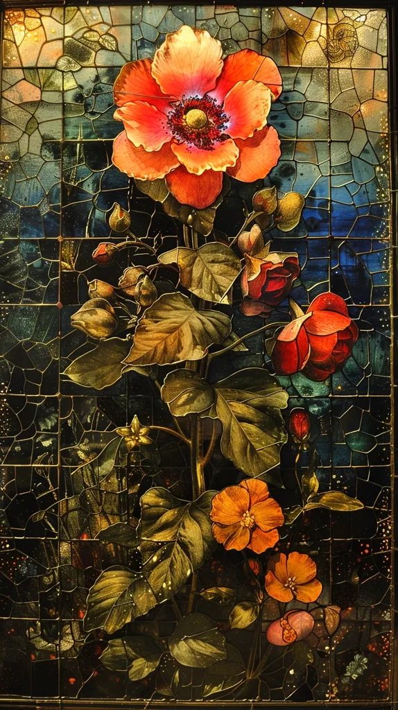 A stained glass window depicting a floral arrangement. The central flower is large and orange, with intricate details in its petals. Smaller flowers in shades of pink and red are scattered around the arrangement, all set against a background of dark green leaves and a mosaic of blue and gold glass. The intricate details of the stained glass create a textured and vibrant piece of art.