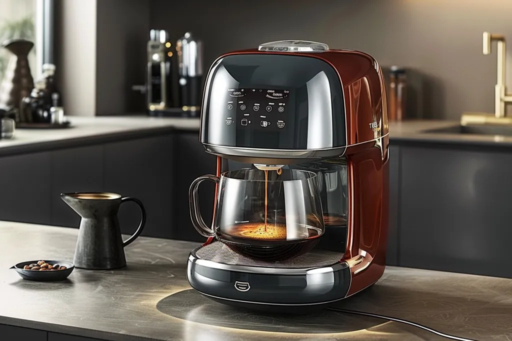 A sleek, modern coffee machine with a dark red finish sits on a countertop, brewing coffee into a clear glass carafe. The machine has a digital display with various settings and a sleek, modern design. The coffee machine is surrounded by a minimalist kitchen with a gray countertop and a stainless steel sink. A small black pitcher sits on the counter next to a small bowl of coffee beans. The scene conveys a sense of sophistication and modern living.