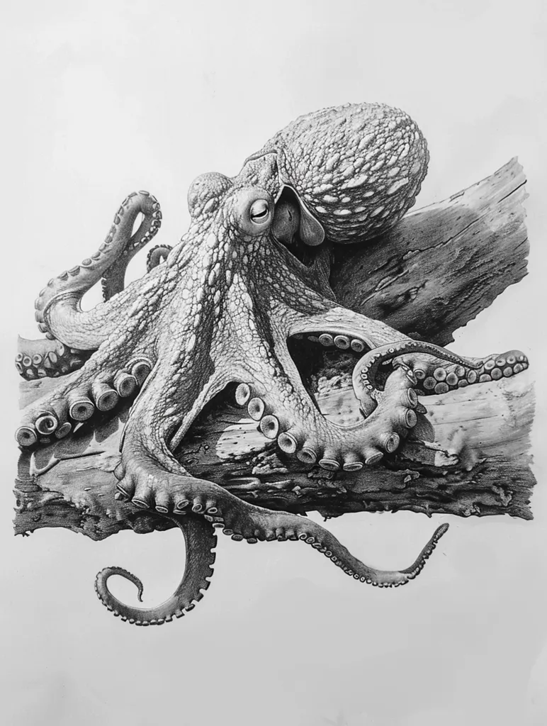 A detailed pencil drawing of an octopus resting on a piece of driftwood. Its large, bulbous head and eight tentacles are intricately rendered, showcasing the texture of its skin and the suction cups lining its arms. The octopus's eye is prominent and expressive, adding a sense of life and intelligence to the artwork. The contrasting light and shadow create a sense of depth and realism, highlighting the octopus's muscular form and the wood's rough surface. The composition is dynamic, with the octopus's tentacles reaching out in various directions, capturing its curious and agile nature.  The overall effect is both captivating and thought-provoking, leaving viewers to ponder the mysteries of the deep sea.