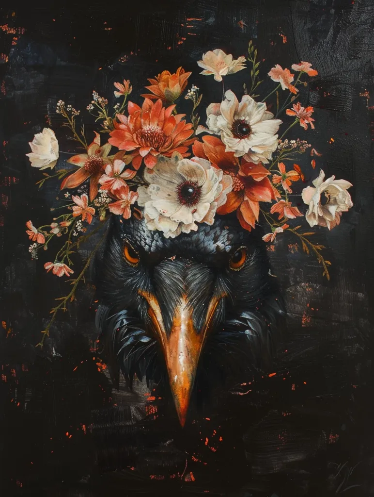 A close-up portrait of a raven's head, rendered in a painterly style. The raven's eyes are intense and focused, and its beak is prominent. The raven is adorned with a vibrant crown of flowers, including white anemones, orange blossoms, and delicate sprigs of greenery. The background is dark and textured, with subtle hints of red paint splatters. The overall composition creates a sense of both beauty and mystery.