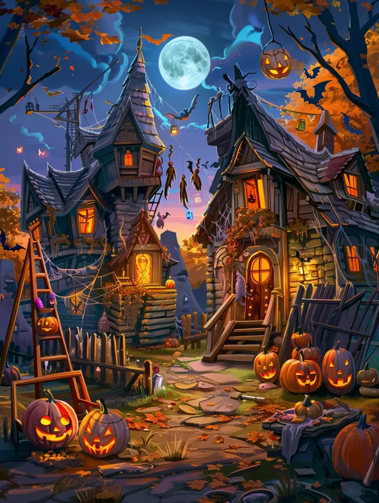 The image depicts a whimsical Halloween scene with two spooky houses. The houses are adorned with cobwebs and glowing windows, while a full moon hangs in the sky. Jack-o-lanterns line the path leading to the houses, creating a festive atmosphere.  Bats flutter in the twilight, adding to the eerie charm. The scene is vibrant with autumn colors and warm lighting, creating a captivating and enchanting image.