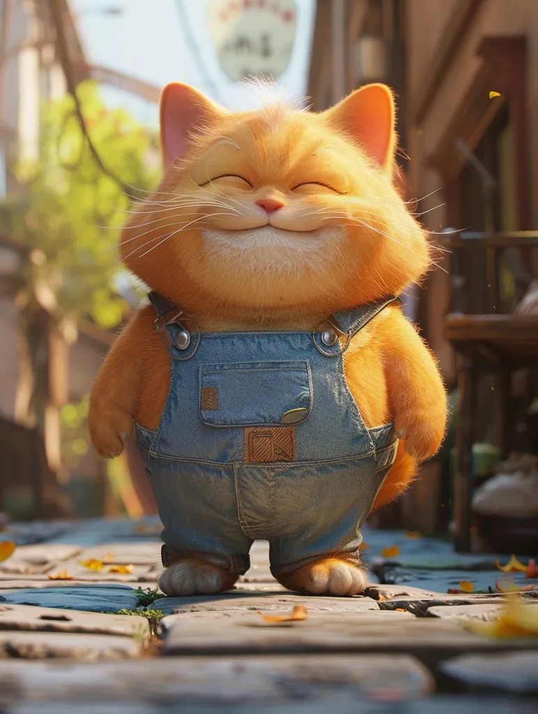 A cartoon cat, with orange fur and bright blue overalls, stands on a cobblestone path. It has a big smile and its eyes are closed. The cat is standing in front of a building with a sign, and there are leaves scattered on the ground around it. The image is brightly lit, and the cat's expression is one of pure joy and contentment.