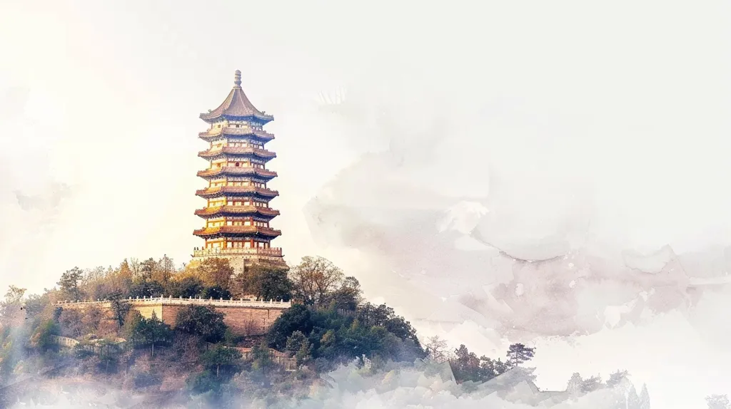 A tall, traditional Chinese pagoda with multiple tiers stands on a hilltop covered in trees. The sky is a soft, hazy white with delicate watercolor washes, giving the image a dreamlike quality. The pagoda is the focal point of the scene, with its ornate roof and intricate details visible against the hazy background.