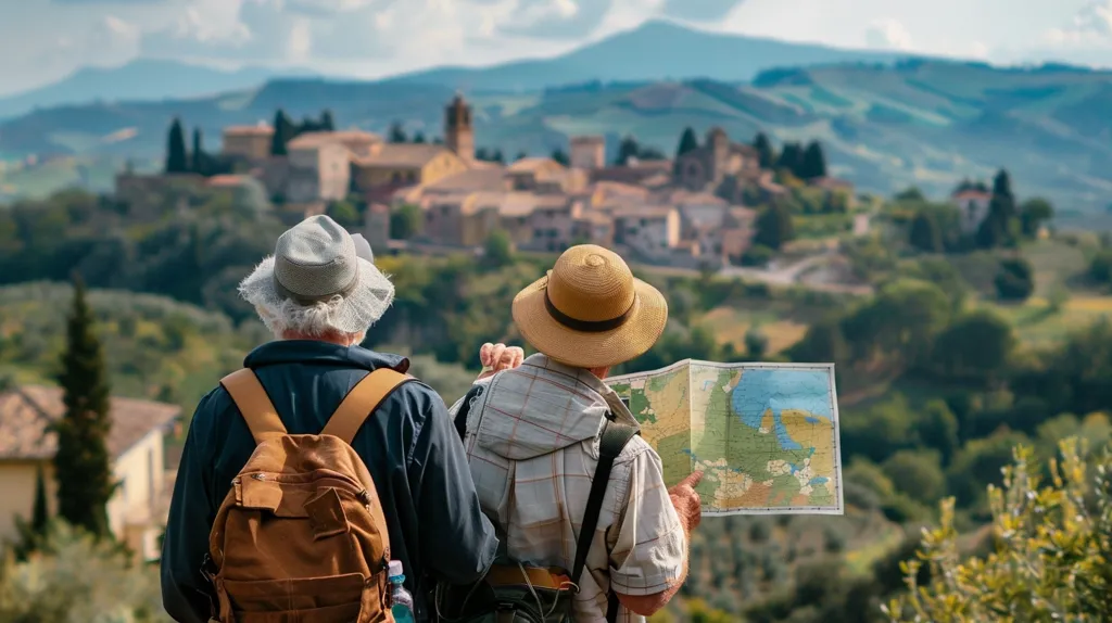 Two elderly tourists, wearing hats and backpacks, stand on a hillside overlooking a picturesque Italian village. They are studying a map, likely planning their next adventure in the charming countryside.  The village, with its terracotta roofs and lush greenery, creates a sense of peaceful beauty. The image captures the joy and wonder of travel and discovery.