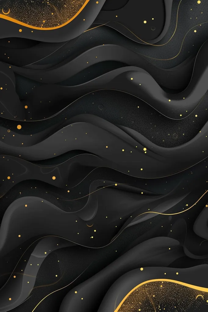 The image features a dark, almost black background with a subtle texture. A series of smooth, flowing, black lines create a sense of movement and depth.  These lines are accented with thin, gold lines and a dusting of gold glitter, adding a touch of sparkle and luxury to the otherwise minimalist design. The image evokes a sense of elegance and sophistication.