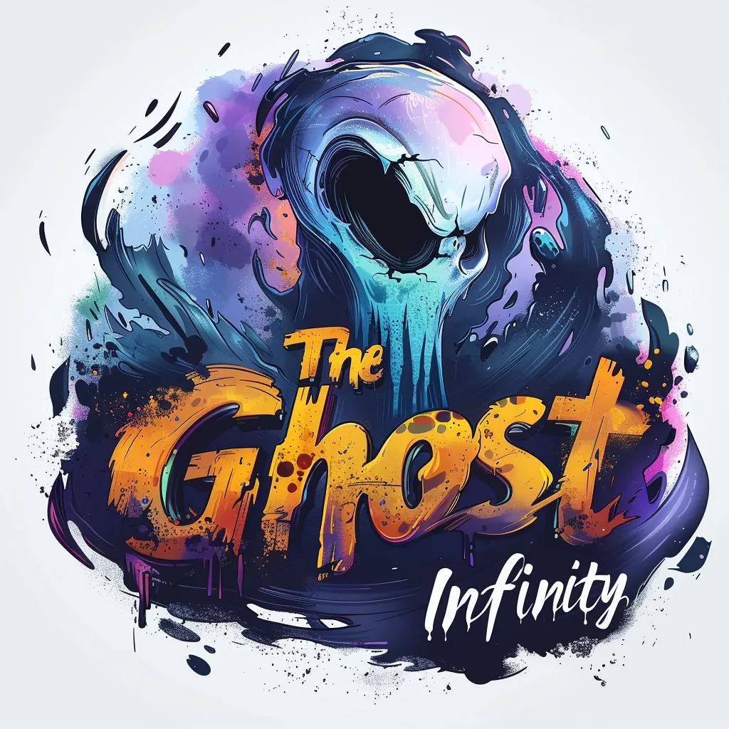 The image depicts a stylized ghost with a skull-like face. It's surrounded by a splattered paint effect in shades of purple, blue, and yellow. The words "The Ghost Infinity" are written in bold, graffiti-style lettering beneath the ghost. The overall impression is one of mystery, darkness, and a supernatural theme.