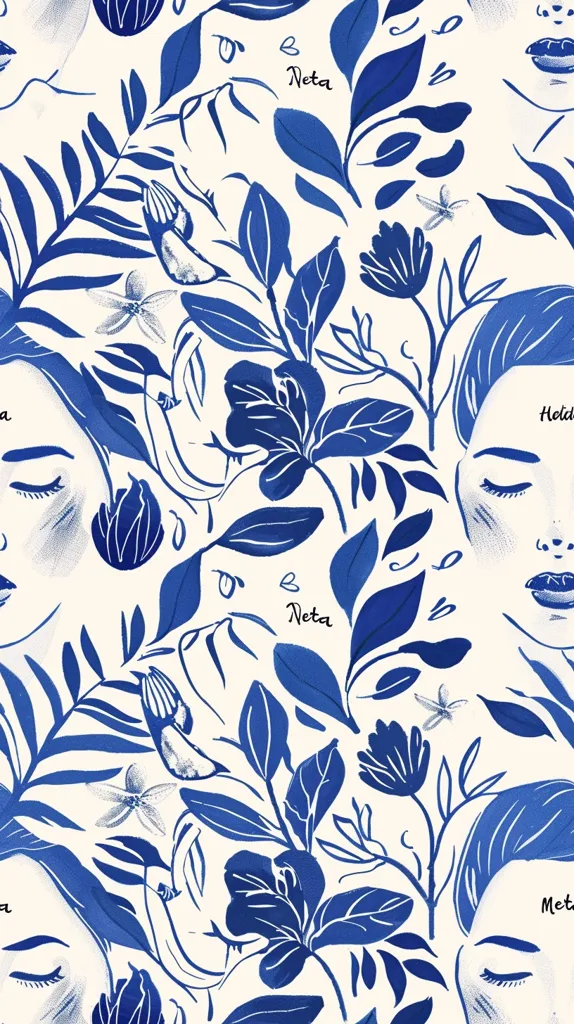 The image features a repeating pattern of blue and white floral motifs. The flowers are intricate and detailed, with large petals and leaves. The background is a soft white, allowing the blue elements to stand out. The pattern incorporates the word "Meta" in a stylized font, adding a touch of intrigue. The overall effect is one of elegance and sophistication.