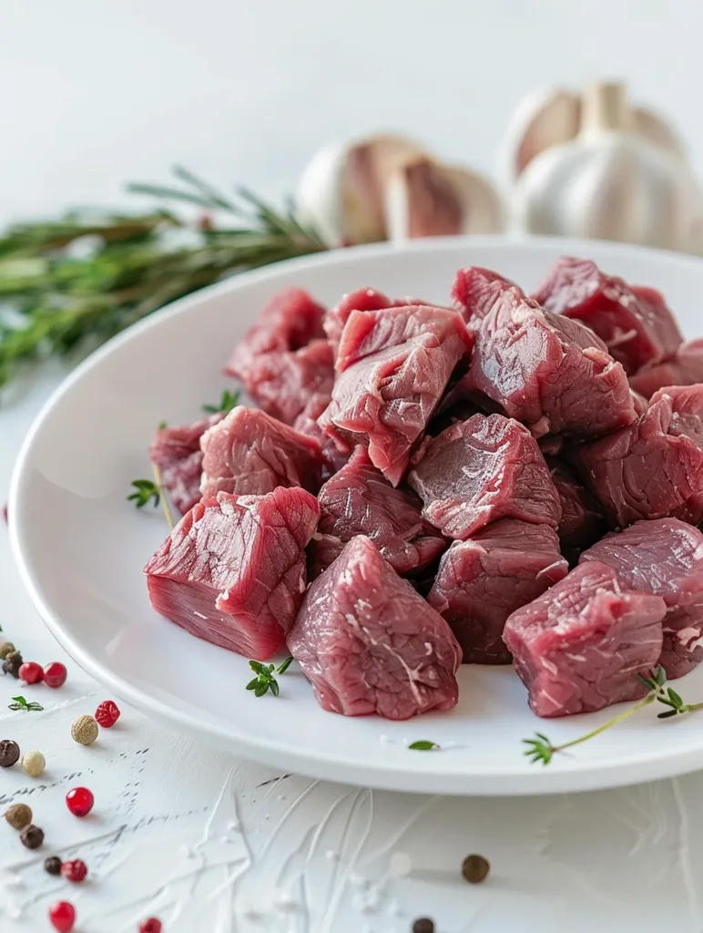 A white plate sits on a white surface, holding a pile of raw, cubed beef. The meat is arranged artfully, with sprigs of thyme and peppercorns scattered around. The background features a blurred image of garlic cloves and rosemary sprigs, adding a touch of culinary inspiration.  The image focuses on the fresh, uncooked meat, showcasing its rich color and texture.