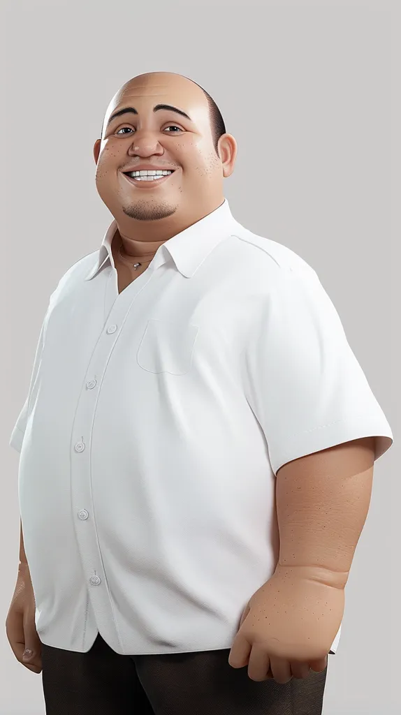 The image shows a cartoon-like portrait of a man with a large smile. He has short, dark hair and a large, round face. He is wearing a white short-sleeved button-down shirt with a pocket on the left side. The shirt is slightly wrinkled. He is wearing black pants.  He appears to be a middle-aged man. The background is a plain light grey.