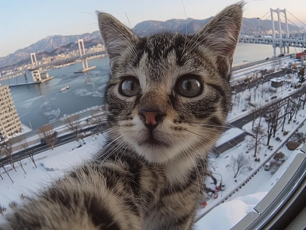 A tabby cat with large, curious eyes stares directly at the camera, taking a selfie. The cat is positioned in front of a window, looking out at a snowy cityscape with bridges and buildings in the distance. The photo is likely taken from a high vantage point, giving the viewer a sense of the cat's perspective. The cat's fur is soft and fluffy, and its expression is playful and curious. The image captures the cat's playful personality and its love for exploring new sights.