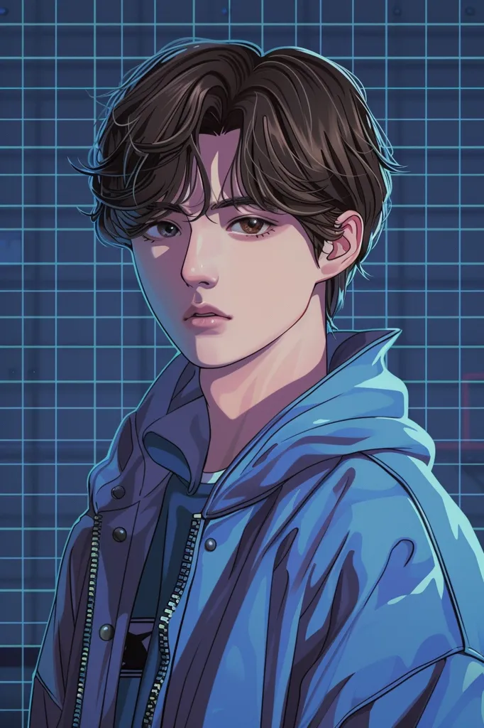 The image features a young man with dark brown hair styled in a modern way. He has a serious expression on his face with slightly parted lips. He is wearing a blue jacket with a zipper and black buttons. The background is a grid pattern with blue and white squares. The overall style is digital and anime-inspired, giving a futuristic and stylish vibe. The image is likely a character illustration.