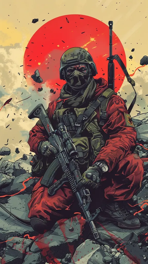 The image is a digital painting of a soldier, heavily armed, in a combat situation. He wears a helmet and facemask, camouflage clothing, and carries a rifle. The background is a war-torn landscape with a large, red sun. The soldier's determined expression and the chaotic backdrop evoke a sense of tension and danger.  The artist has used a bold style to create a powerful and dramatic image.