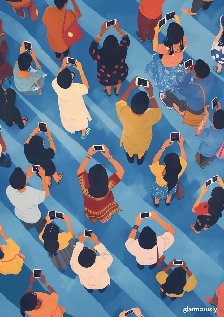 The illustration depicts a crowd of people on a blue tiled floor, all looking down at their phones. They are wearing diverse clothing, showcasing different styles and cultures. The composition is a bird's eye view, emphasizing the unified action of scrolling through their devices. The image highlights the ubiquitous nature of smartphones in modern society, capturing the collective attention directed towards digital screens.
