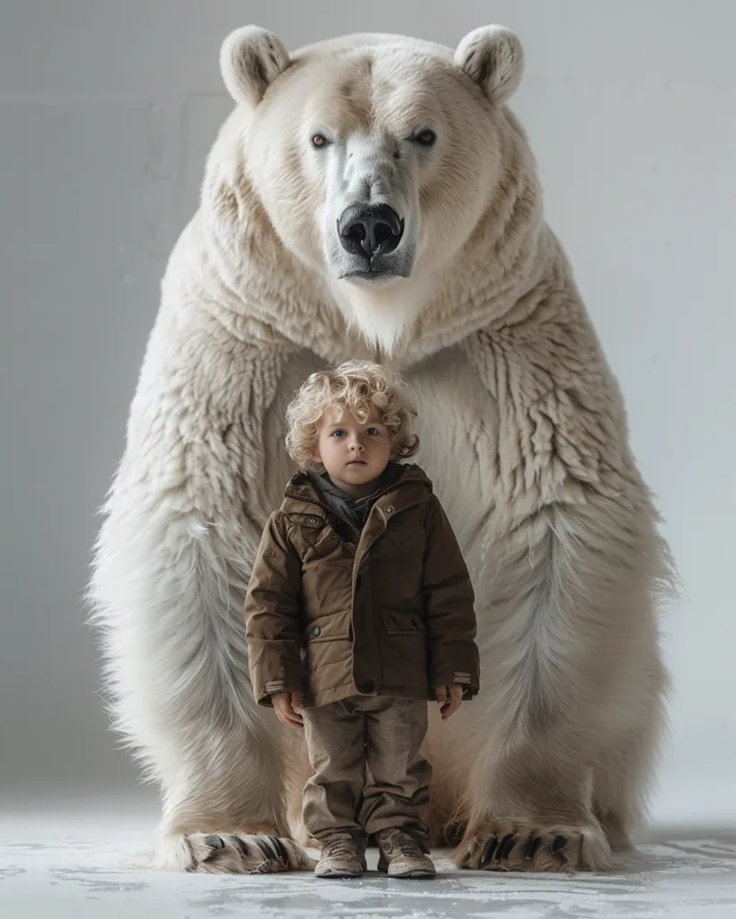 A young boy in a brown jacket and khaki pants stands in front of a large polar bear. The bear is standing on all fours, with its paws resting on the ground. The boy looks up at the bear with a mixture of awe and apprehension. The bear's large size and sharp teeth make it a formidable presence, but the boy seems to be unafraid. The image is a powerful contrast between the vulnerability of childhood and the strength of nature. The backdrop is a simple, white wall, which helps to focus the viewer's attention on the two subjects.