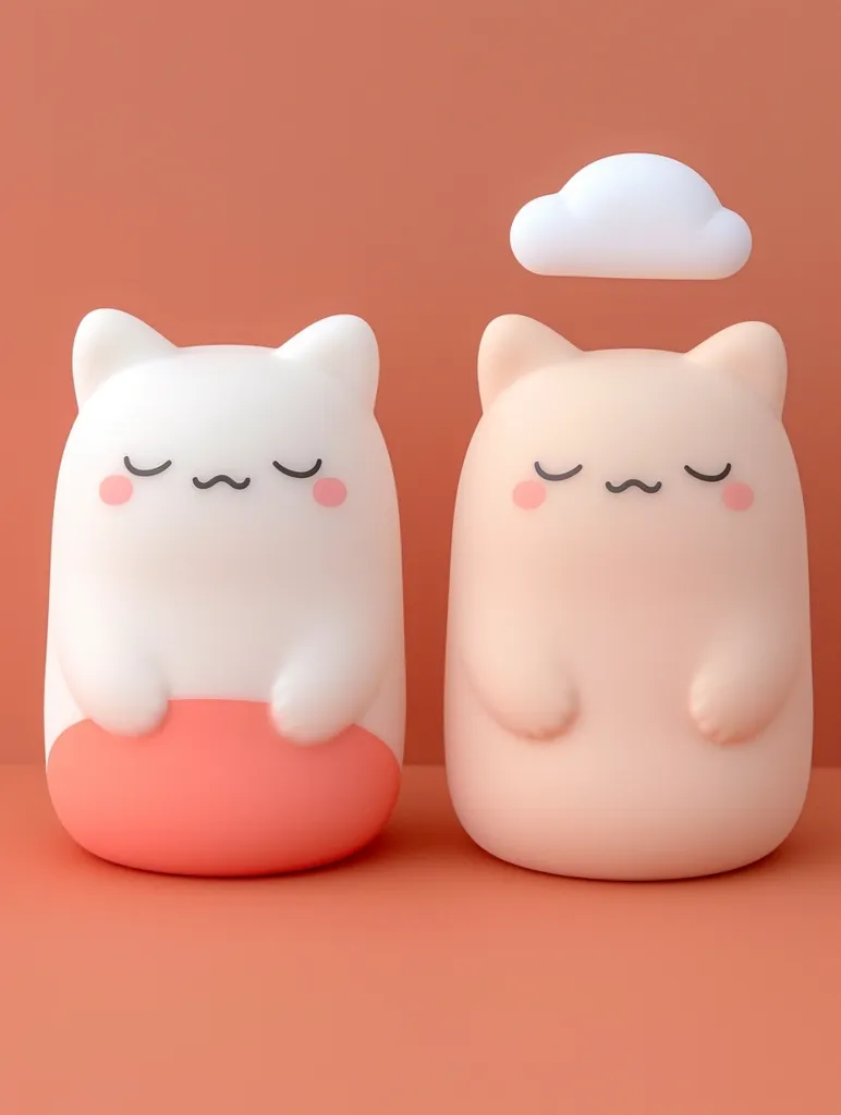 Two adorable, cartoon-like cat figures are depicted. They have closed eyes, small noses, and slightly flushed cheeks. One cat is white with a peach-colored bottom, while the other is peach-colored with a subtle blush. A white cloud floats above the peach cat, suggesting a dream-like or whimsical setting. The soft colors and rounded shapes create a sense of warmth and playfulness.