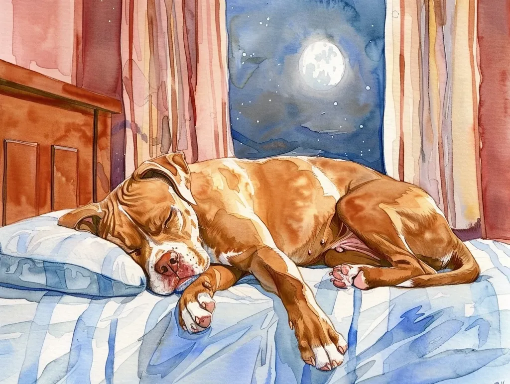 A brown and white dog is sleeping soundly on a blue and white striped bed. The dog is curled up with its head resting on a white pillow. The bedroom is cozy and has a window with a view of a starry night sky. The moon is shining brightly. The image is a watercolor painting.