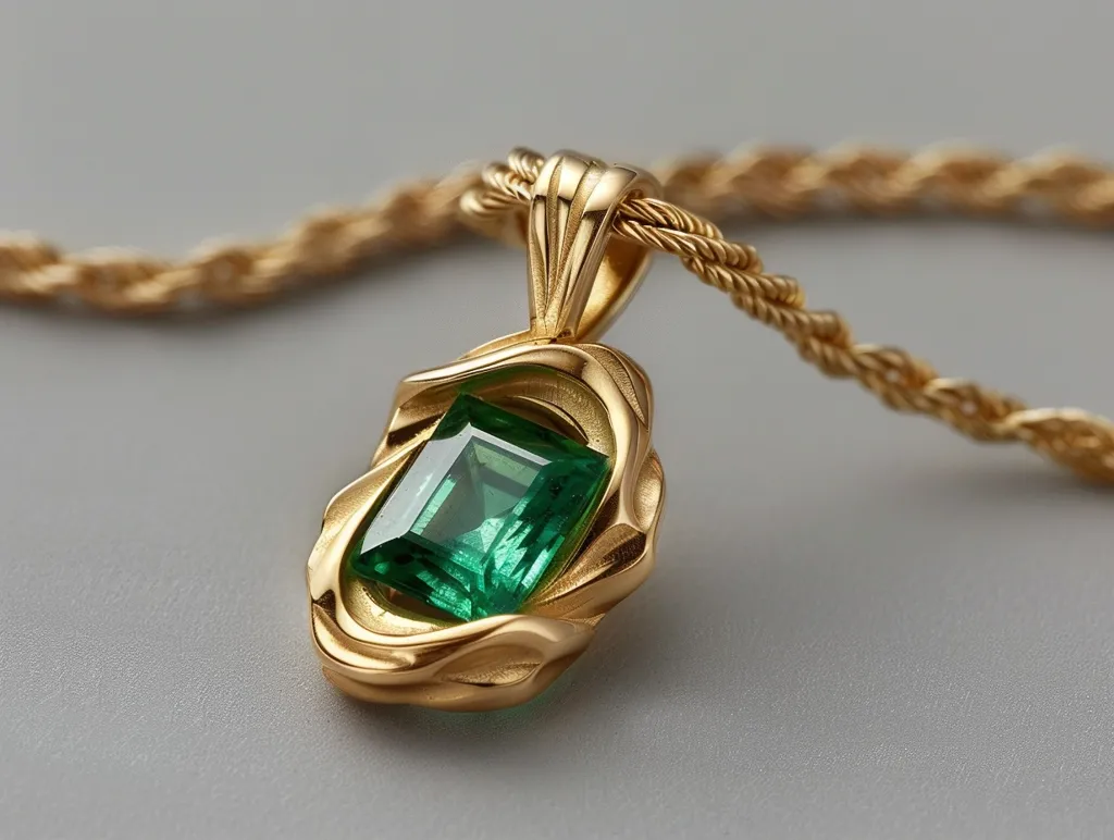 A close-up of a gold necklace with a pendant featuring a vibrant green gemstone. The pendant is intricately designed with swirling, textured gold, creating a beautiful contrast against the smooth, square-shaped stone. The necklace chain is a classic rope design, adding to the elegance of the piece. The image captures the intricate details and luxurious appeal of the jewelry.
