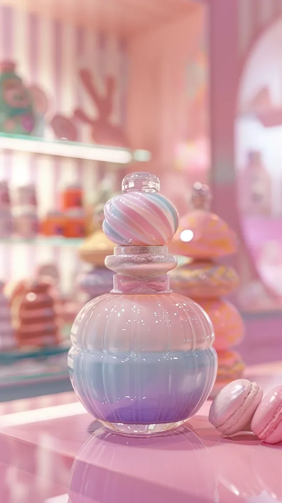 A pastel pink and purple perfume bottle with a candy-like swirl cap sits on a pink table with two macarons in the foreground. The bottle has a delicate, feminine design with intricate detailing, while the macarons add a playful touch. The background is blurred, creating a soft and dreamy atmosphere. The image evokes a sense of sweetness, indulgence, and playful femininity.