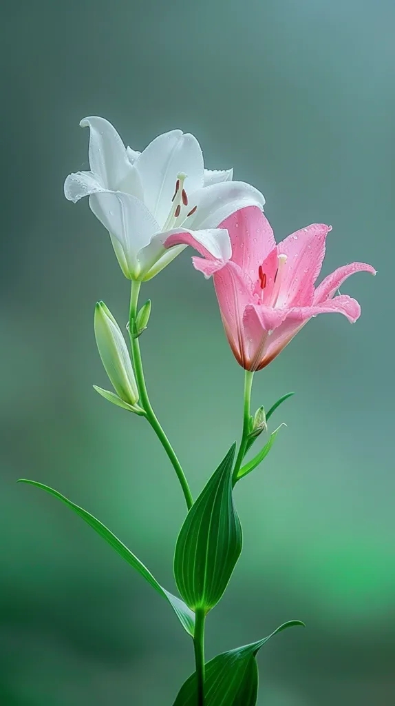 Two lilies, one white and one pink, bloom on a single stem. The white lily is on the left and the pink lily is on the right. They are both in focus and the background is a soft green blur. The green stem and leaves are also in focus, creating a beautiful contrast with the colors of the flowers. The photo is taken from a low angle and the light is soft, giving the image a gentle and serene feel.