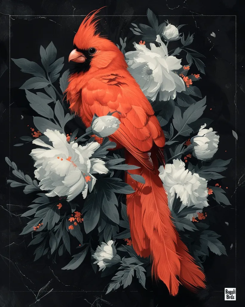 A vibrant red cardinal perches amidst a lush bouquet of white peonies. The bird's bright plumage contrasts sharply with the soft, creamy white blossoms. Dark green leaves and stems frame the scene against a black background, creating a dramatic and elegant composition. The image evokes a sense of beauty, tranquility, and the harmony of nature.