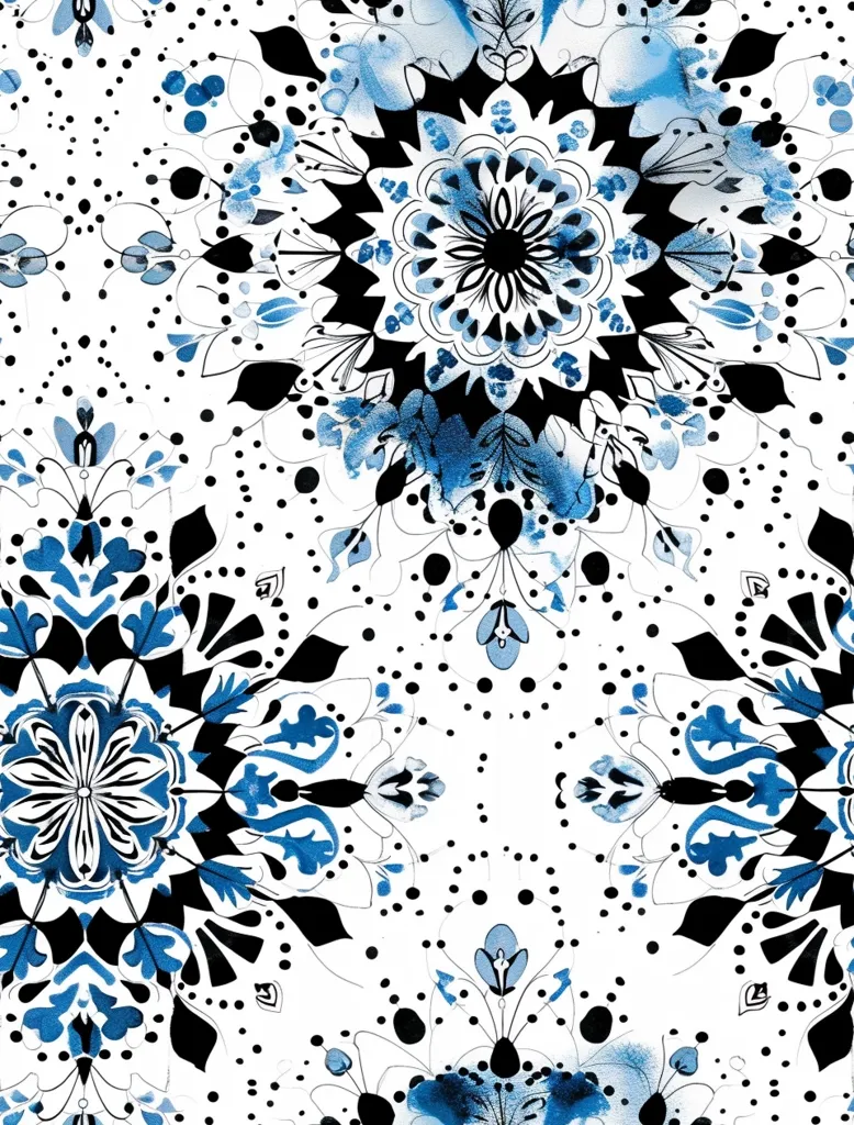 The image is a pattern of blue and black stylized floral motifs. The background is white with black dots. The pattern is symmetrical and intricate, with a repeating motif of flowers and leaves. The blue is a light and delicate shade, while the black is sharp and defined. The pattern gives the impression of a delicate and intricate design.