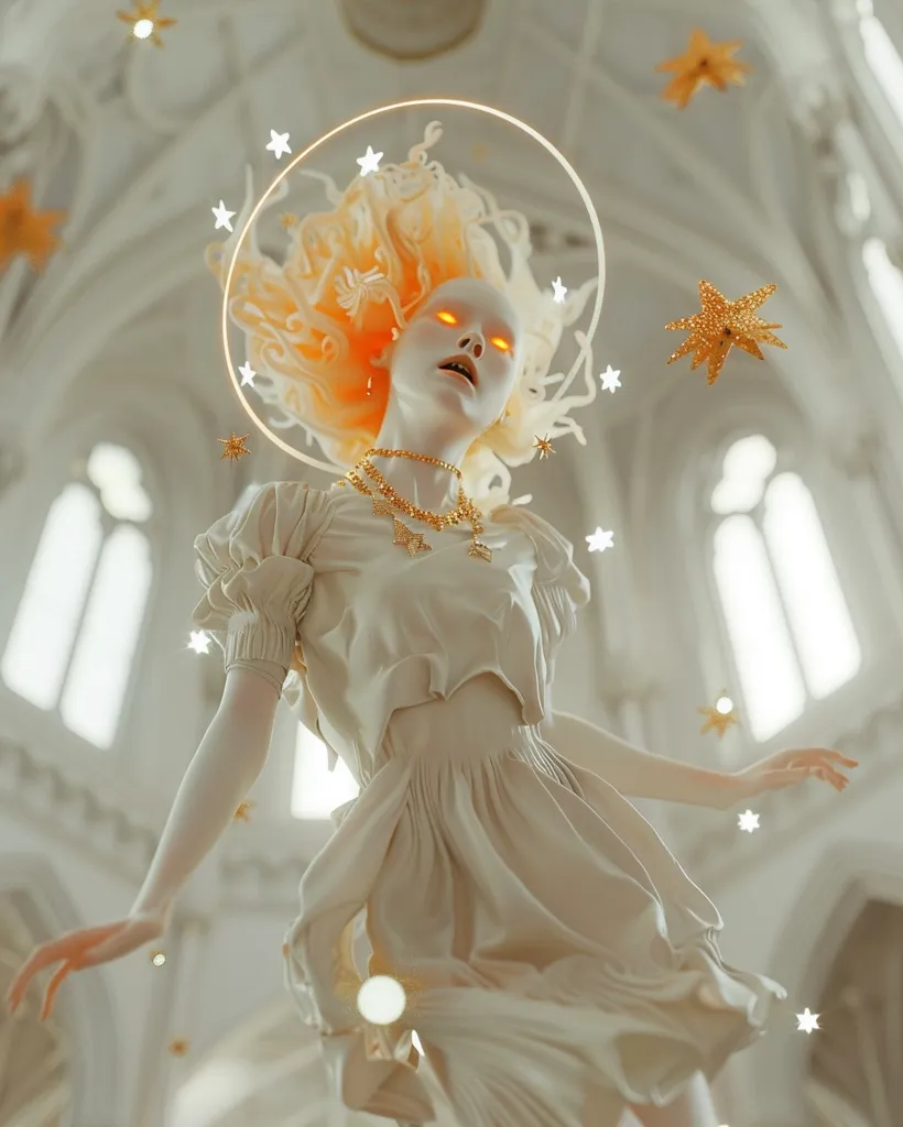 A woman with glowing orange hair and eyes, wearing a white dress and a halo, stands in a white cathedral. Her face is full of emotion as she gazes upwards.  Golden stars float around her, creating a magical atmosphere. The image is both ethereal and mysterious, suggesting a story of divine power and wonder.