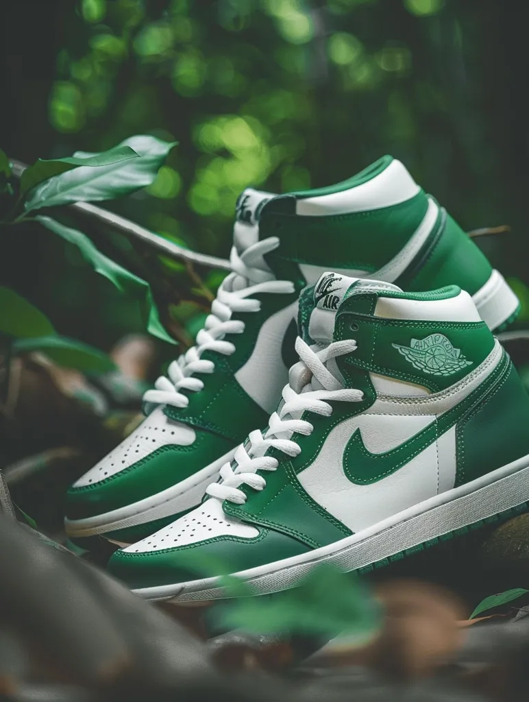 A pair of green and white Air Jordan 1 sneakers sit on a bed of green leaves. The sneakers have a white sole and a green upper with a white swoosh. The sneakers are slightly out of focus, but the green leaves are in sharp focus. The image captures the vibrancy of the colors and the classic style of the Air Jordan 1.  The background is blurry with a bokeh effect, highlighting the shoes.
