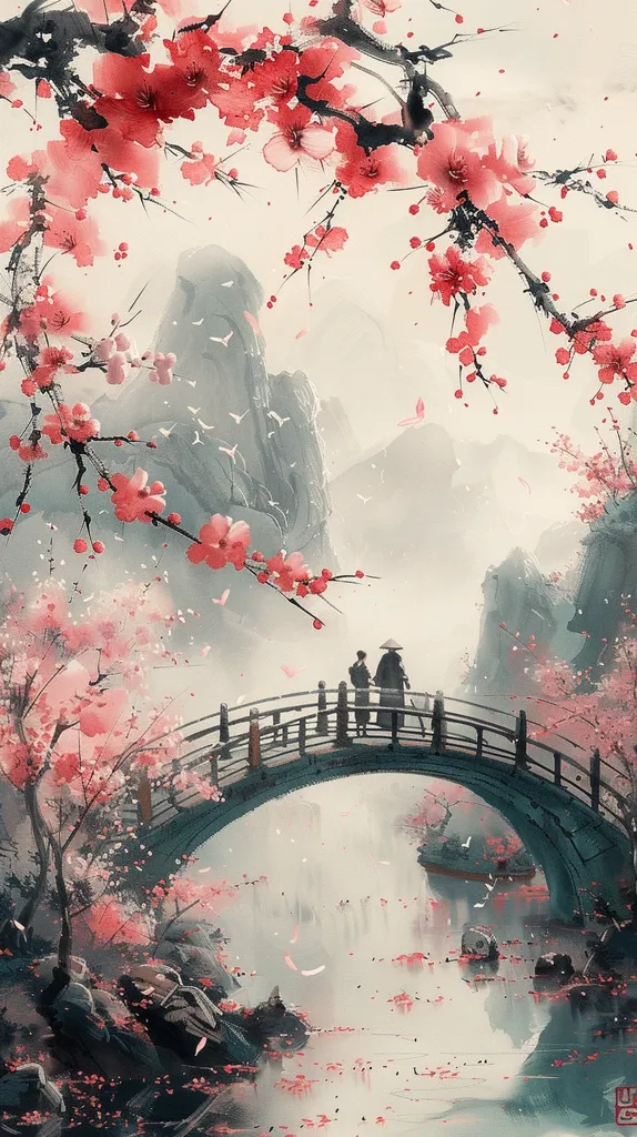 A watercolor painting depicts a serene landscape with a bridge arching over a calm river.  The scene is dominated by a beautiful cherry blossom tree, its delicate pink petals falling like rain onto the water below.  Two figures, silhouetted against the light, stand on the bridge, adding a touch of human presence to the tranquil scenery. The misty background suggests a sense of peace and tranquility. The painting captures the beauty and serenity of nature.