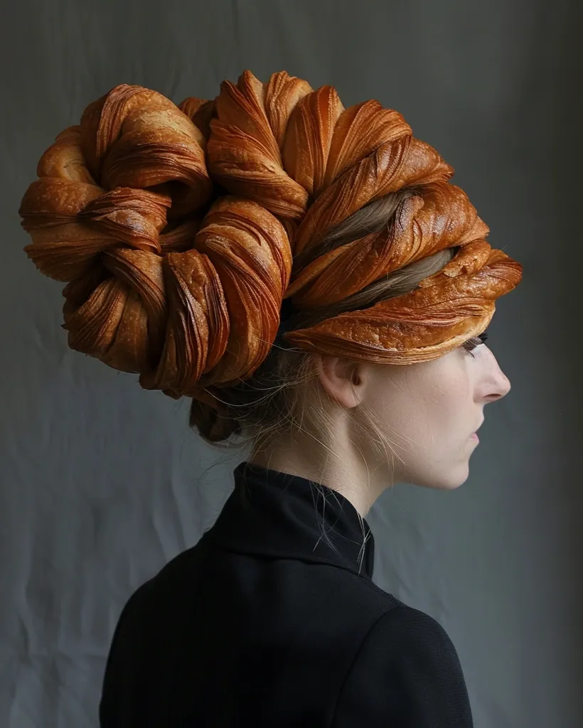 A woman is wearing a unique and creative headpiece made entirely of croissants. The pastry is twisted and shaped into a elaborate crown-like structure, covering her hair and resting atop her head. She is dressed in a black turtleneck top, and her profile is visible as she gazes to the side. The background is a plain gray wall. The image is a striking example of food-based fashion art.