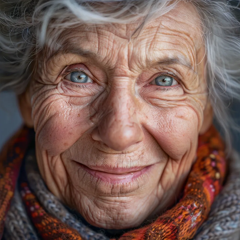 The image shows a close-up of an elderly woman with white hair. Her face is wrinkled with age, but her eyes are bright and blue, and she has a warm smile. She is wearing a patterned scarf. The image captures the beauty and wisdom of aging.