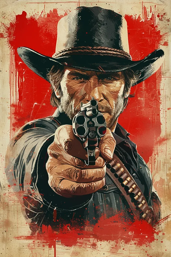 A close-up portrait of a rugged cowboy with a determined expression, wearing a wide-brimmed hat and a leather jacket. He is pointing a revolver directly at the viewer, with a focused gaze and a gritty, weathered look. The background features a red and brown distressed texture, adding to the wild west aesthetic. The image conveys a sense of danger and tension.