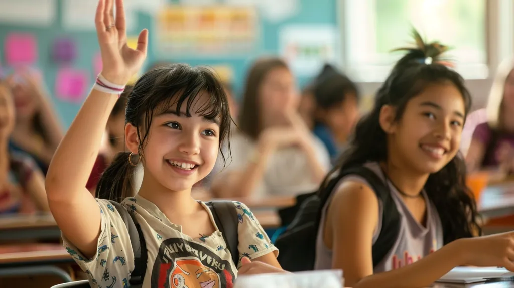 A young girl with her hand raised sits in a classroom, a bright smile on her face. She is wearing a light-colored t-shirt with a graphic design and a white bracelet. Other students sit behind her, some with their backs to the camera, while one girl with long, dark hair sits to the right of the focus. The classroom is bright and colorful, suggesting a positive learning environment.  The image captures a moment of eagerness and participation, highlighting the joy of learning.