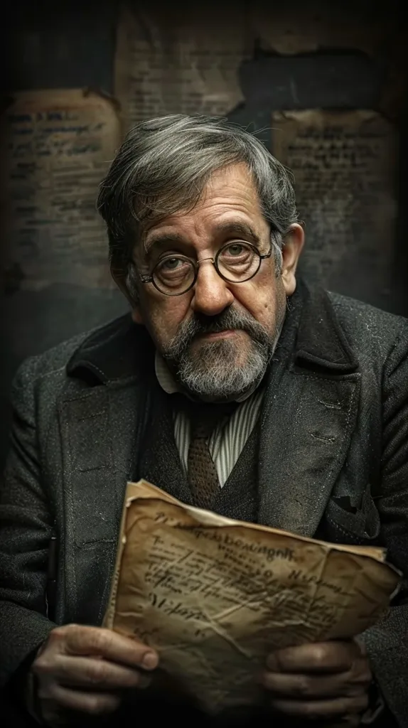 A man in a dark coat and a vest is holding a piece of old paper, his face is lined with age and his expression is thoughtful. The lighting is dim, casting shadows across his face and the paper. He is standing in front of a wall with old papers and documents, adding to the sense of history and intrigue.