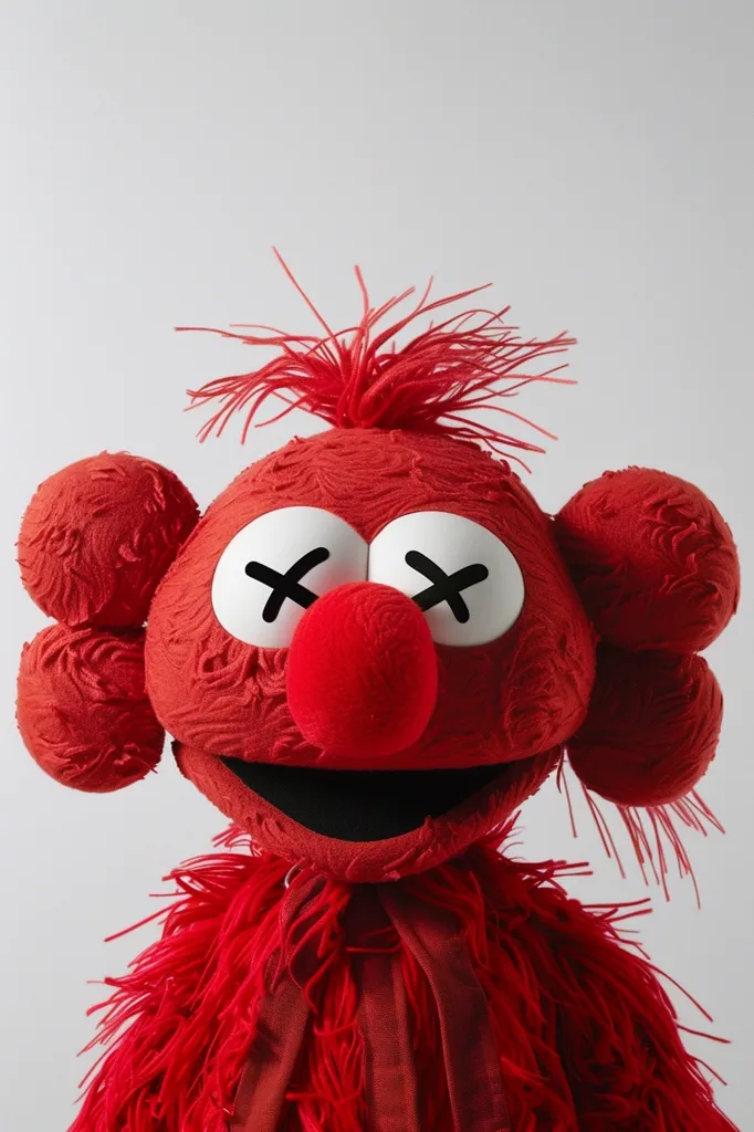 The image shows a red, furry puppet with a large, bright red nose. It has large, white eyes with black \