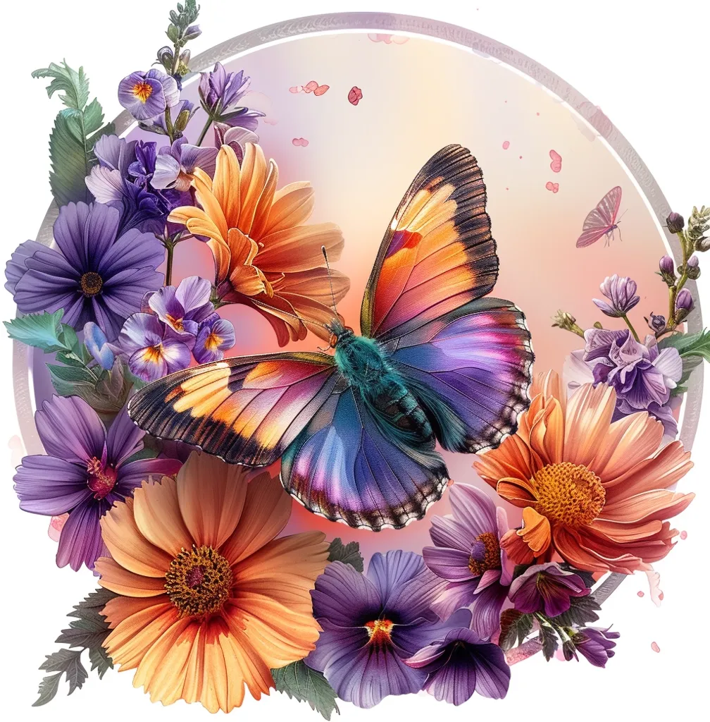 A large, colorful butterfly with intricate markings rests in the center of a circular arrangement of purple and orange flowers. The butterfly's wings are spread wide, showcasing vibrant blues, pinks, and oranges. The flowers surrounding it are detailed and realistic, creating a sense of depth and beauty. A small, white butterfly hovers in the background, adding to the whimsical nature of the image.