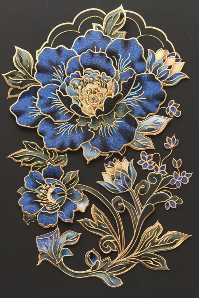 A close-up of a beautiful floral embroidery design. The design features a large blue flower with gold accents, surrounded by smaller blue flowers and leaves, all set against a black background. The intricate detail and delicate stitching create a stunning visual masterpiece.