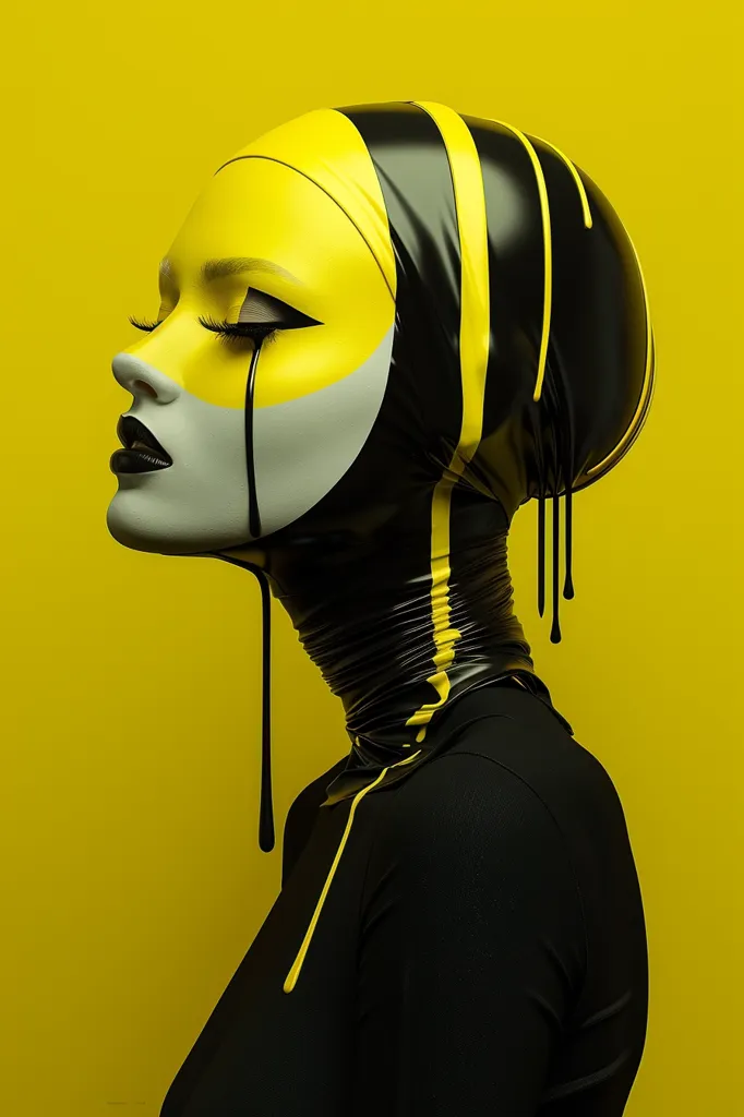 The image shows a woman wearing a black and yellow latex suit, dripping with paint. The suit covers her entire head, creating a mask-like effect, and the bright yellow background creates a stark contrast. The woman's eyes are closed, giving the impression of a melancholic or introspective state. The overall image evokes a sense of mystery and artistic expression.