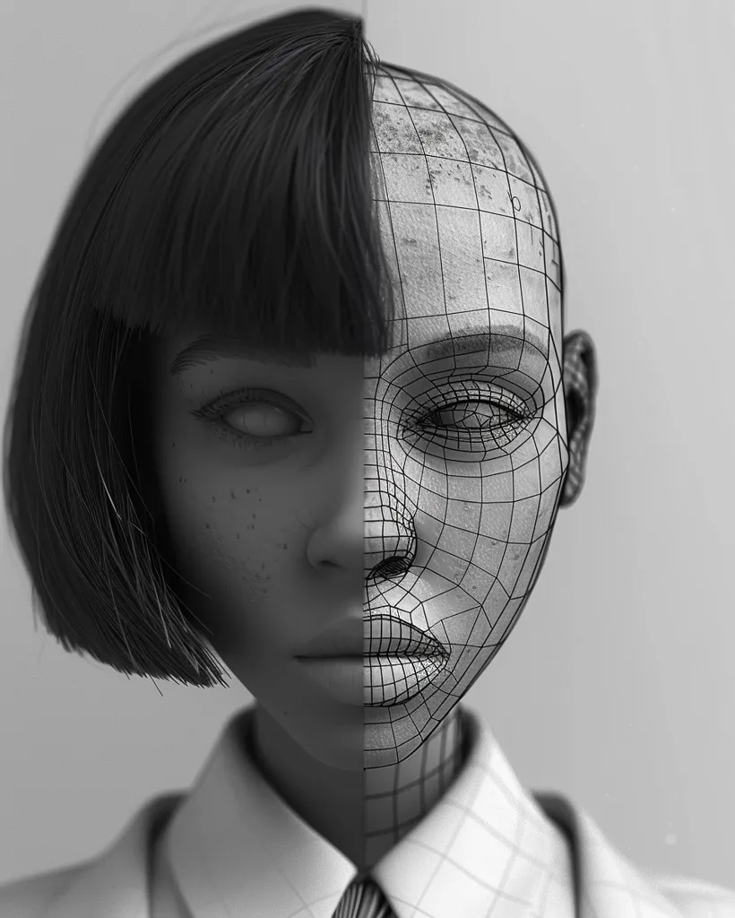 A black and white image of a woman's face. Her hair is styled in a short bob and her face is split down the middle. One side is rendered in detail while the other side is a wireframe mesh. The image focuses on the contrast between realistic and digital representation of human features.