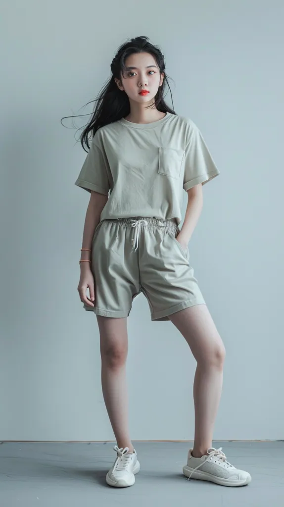 A young woman with long black hair is wearing a light green t-shirt and matching shorts. She has a relaxed, casual look with a neutral expression.  Her hands are in her pockets, and she is standing against a white background. She is wearing white sneakers. The overall image is simple and clean.