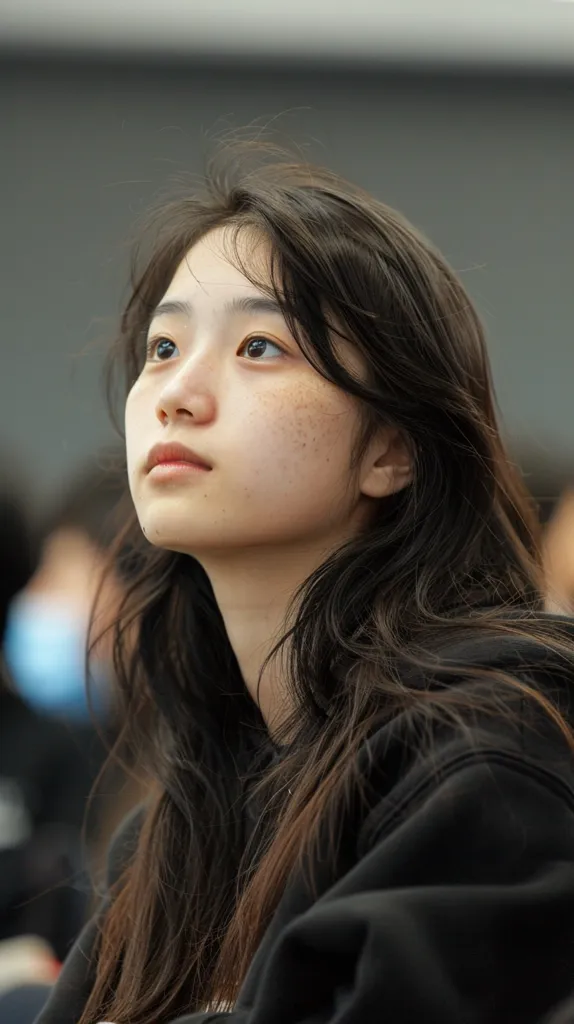 A young woman with long, dark hair gazes upwards with a thoughtful expression. Her skin is fair with freckles, and she wears a black hooded sweatshirt that blends seamlessly with her hair. The background is out of focus, suggesting a sense of intimacy and privacy.  The overall mood is contemplative and introspective.