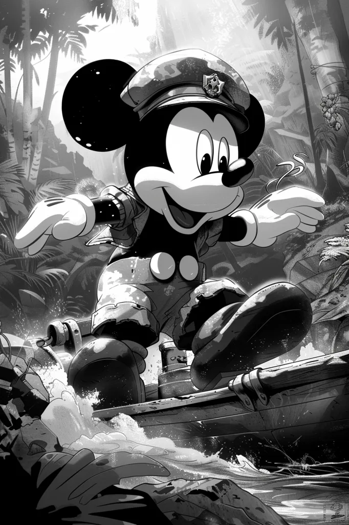 A black and white illustration of Mickey Mouse in a military outfit, standing on a small boat. He is in a jungle setting, and the boat is surrounded by water. Mickey is smiling and appears to be in a good mood. The image is drawn in a cartoon style.
