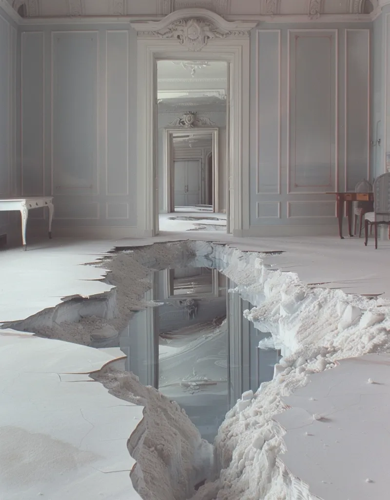 The image depicts a grand, white, seemingly abandoned room with a massive crack running down the center of the floor. The crack exposes a deep chasm, revealing a mirrored reflection of the room, which itself appears to be a series of increasingly smaller doors leading to a darkened, unknown space. The room is pristine, with white walls and a simple, white-painted wooden floor. The image suggests a sense of decay and the passage of time, but also an element of beauty and surrealism.