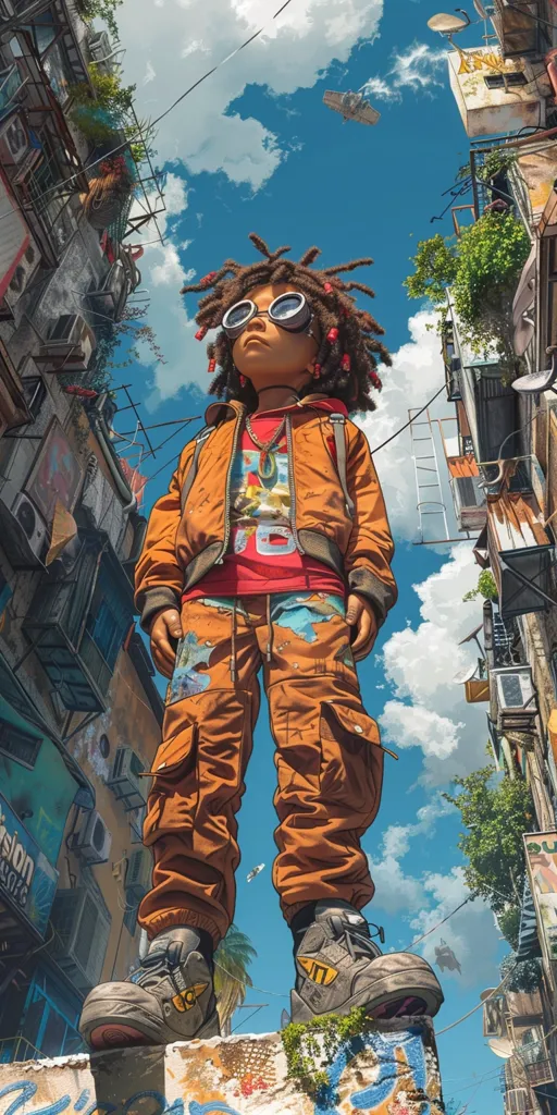 A young person with dreadlocks and goggles stands in the middle of a cluttered, urban environment. They wear a red shirt, orange jacket, and patterned pants. The buildings surrounding them are brightly colored and decorated with graffiti. The sky is blue and filled with fluffy white clouds. The perspective is looking up at the person, giving a sense of their size and dominance in the space. The image has a futuristic and stylized aesthetic.