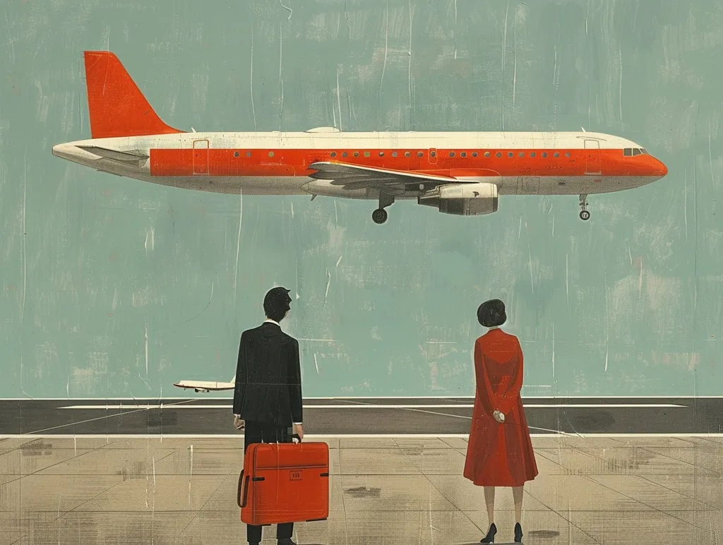 A red and white airplane, with its landing gear down, hovers above a tarmac. A man and a woman, dressed in suits and coats, stand on the tarmac, their backs to the viewer, facing the aircraft.  The man is carrying a red suitcase. The background is a pale blue, with a textured pattern resembling a canvas.