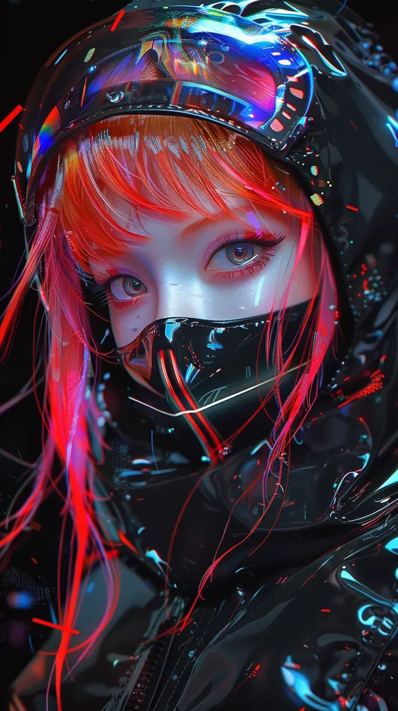The image shows a female character in a futuristic setting, with bright red hair and a black, shiny helmet covering most of her face. She is wearing a black, slick suit with red accents. The background is dark, giving a mysterious and futuristic feel. The image is rendered in a digital style with a glossy finish, emphasizing the technological nature of the setting.